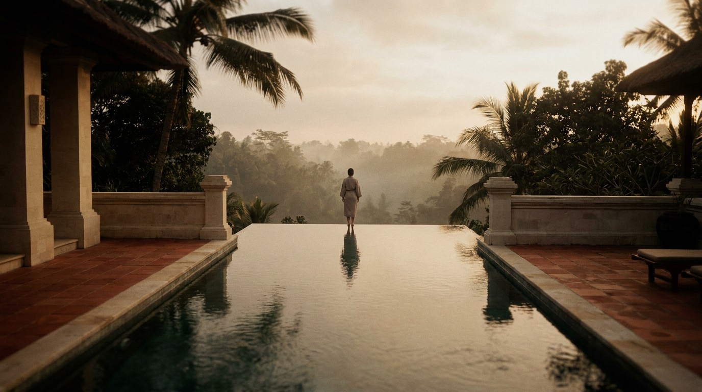 Bali at first light — still water at the edge of a misty valley